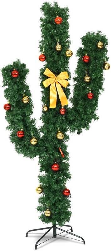 lot 171153 image: HAPPYGRILL 6 FT Pre-lit Cactus Christmas Tree, Artificial Xmas Tree with 120 LED Lights, Ball Ornaments and Bowknot, Sturdy Metal Stand, Holiday Decoration for Home Festival Celebration