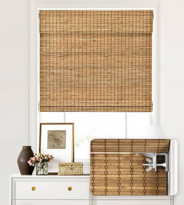 lot 171172 image: LazBlinds No Tools No Drill Cordless Bamboo Roman Shades, Light Filtering Window Treatment, Roll Up Bamboo Blinds for Windows 28 W x 48 H, Eastfield Teak