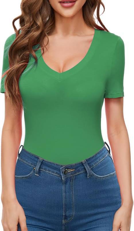lot 171184 image: Women Green V Neck Short Sleeve Tight Fitted Summer Dressy Casual Sexy Cute Tops T Shirts Tee Tshirt Clothes