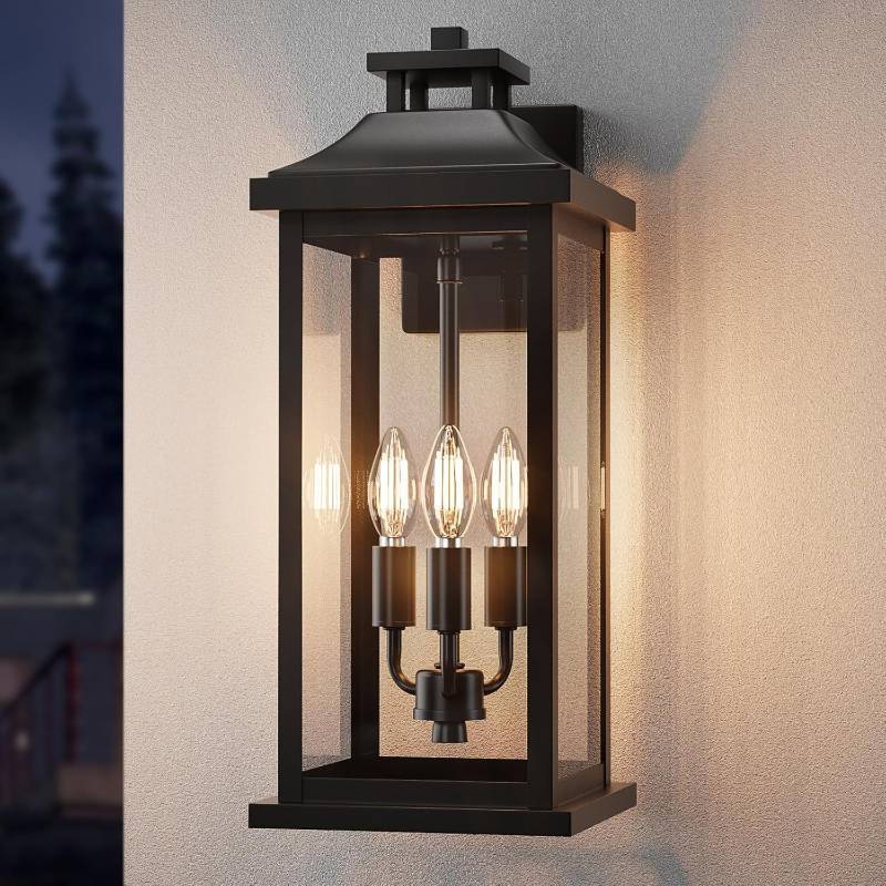 lot 371117 image: Large Outdoor Light 3-Light 20 Black Exterior Lighting Fixture, Modern Outside Wall Mounted Porch Sconce, Waterproof Patio Garage Garden Carriage Lantern Lamp for House E12, 1-Pack