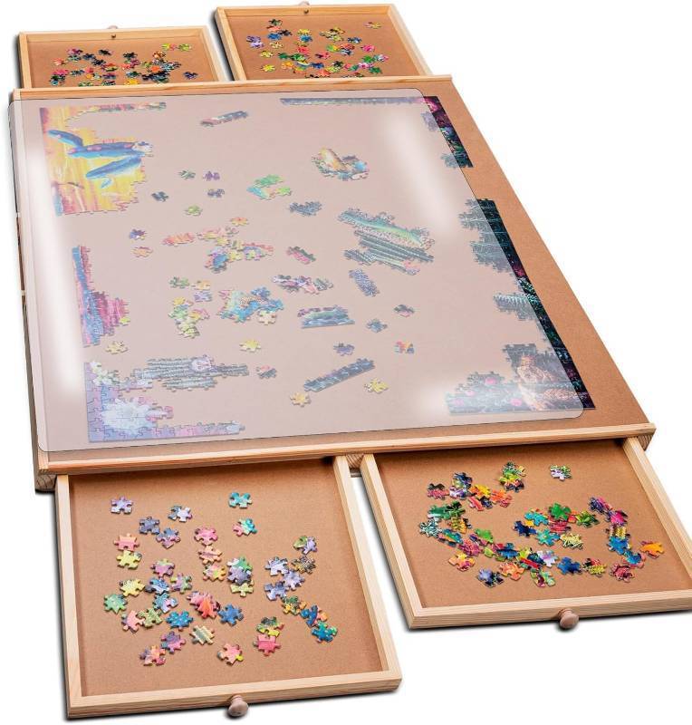 lot 371138 image: PlayVibe 1000 Piece Puzzle Board with Drawers and Cover - Portable Wooden Jigsaw Puzzle Tray with Drawers, Solve Station & Sturdy Table, Portable Outdoor Fun, Patio, Easter Gift Idea