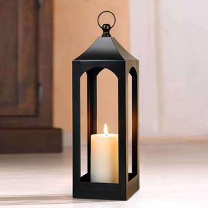 lot 142092 image: Modern Farmhouse Lantern Decor, Black Metal Decorative Hanging Candle Lanterns Ideal for Home Decor, Parties & Events, 21.2 High (No Glass Panel)