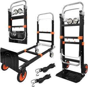 lot 242027 image: 3-in-1 Aluminum Hand Truck Dolly, 600 lbs Heavy Duty Folding Trolley with Universal Wheels, Convertible Hand Truck with Tie Down Straps for Warehouse, Supermarket, Office (Orange)