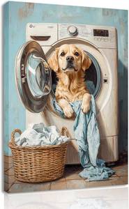 lot 242036 image: Laundry Room Canvas Frame Wall Art Laundry Sign Painting Vintage Funny Dog Artwork Decor for Wash Room Bathroom Laundromat Dry Cleaning Store (WE000052-8, 12.00L x 18.00W, Framed)