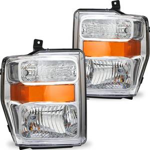 lot 242039 image: SOCKIR Headlight Assembly Set Compatible with 2008-2010 Ford F-250 F-350 F-450 F-550 Super Duty OE Style Headlamp Replacement Passenger and Driver Side (Chrome Housing with Amber Reflector)