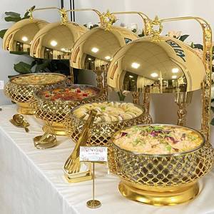 lot 242042 image: Retails for $180 Party Wedding Table Setting Food Warmer Golden Fancy Elegant Cheffing Dishes with Hanging Lid Gold Chaffing Dishes (Gold, 6L)