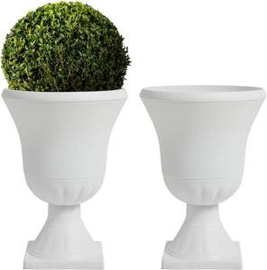 lot 242045 image: Retails for $105 Worth Garden 2-Pack Plastic Urn Planters - 22 Tall Round Classic Resin Flower Pots Pure White Traditional Large Plant Pots for Front Porch Patio Deck Wedding Decoration Pot - Indoor & Outdoor