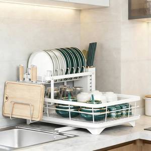 lot 342036 image: BCWW Drying Rack Dishes Stainless Steel Large Capacity 2-Tier Drying Rack Kitchen Counter Organizer with Cup Holder, Utensil & Cutting Board Storage, Space Saving (White)