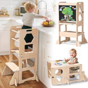 lot 441980 image: Woodure 4-in-1 Toddler Kitchen Step Stool, Foldable Learning Standing Tower with Blackboard, Wooden Kitchen Stool Helper for Kids, 1-3 Year Old Boy Girl Gifts