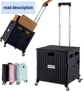 lot 142090 image: MACOPRO Folding Utility Cart Portable Rolling Crate Handcart Shopping Trolley Collapsible Tool Box, with Lid, Basket on 4 Rotate Wheels, for Grocery, Office, Luggage, Teacher (Black)