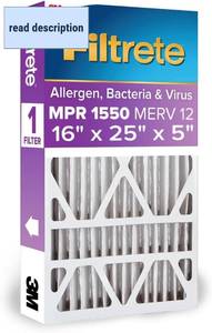 lot 342031 image: Filtrete 16x25x5 AC Furnace Air Filter, MPR 1550, MERV 12, Fits Honeywell & Trion AirBear, CERTIFIED Asthma & Allergy Friendly, Electrostatic Air Filter, 1-Pack (actual size 15.75 x 24.13 x 4.88)