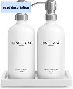 lot 441995 image: White Glass Hand and Dish Soap Dispenser Set by Brighter Barns - Kitchen Soap Dispenser Set with Tray & Pump for Office, Hotel, Vacation Rental, Airbnb - Modern Kitchen Decor & Accessories (White)