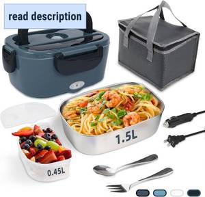 lot 442002 image: SOHIDA Electric Lunch Box, 12V24V110V Portable Food Warmer with SS Fork & Spoon for CarTruckOffice, 80W Self Heating Lunch Box with 1.5L 304 Stainless Steel Container & 0.45L PP Fruit Box Black