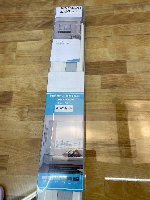 lot 221344 image: Joydeco No Tools No Drill Window Blinds for Indoor Windows, Blackout Shades Cellular Shades Cordless, No Drill Blinds for Windows, Window Shades for Home, Bedrooms, Doors (White, 34 W x 64 H)