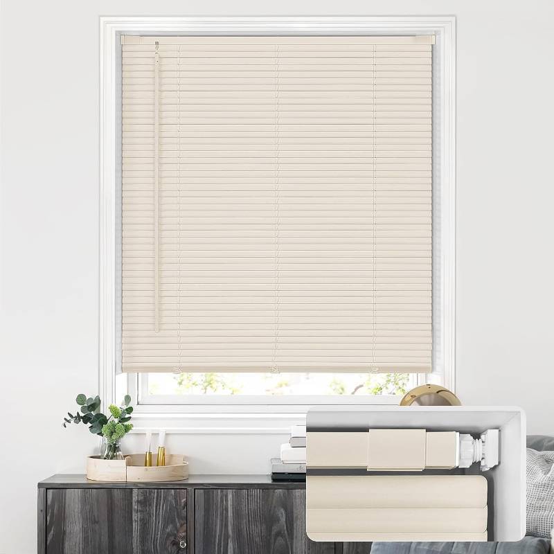 lot 221374 image: LazBlinds No Drill Blinds for Indoor Windows, Cordless 1 Vinyl Mini Blinds, Privacy S-Curve Blinds for Windows, Room Darkening Horizontal Window Blinds and Shades for Home, 20 W x 48 H, Beige