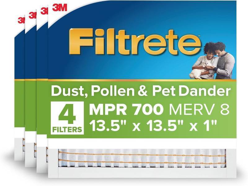 lot 221383 image: Filtrete 13.5x13.5x1 AC Furnace Air Filter, MERV 8, MPR 700, Tough on Pollen, Easy on Airflow, 3-Month Pleated 1-Inch Electrostatic Air Cleaning Filter, 4-Pack (Actual Size 13.19 x 13.19 x 0.81 in)