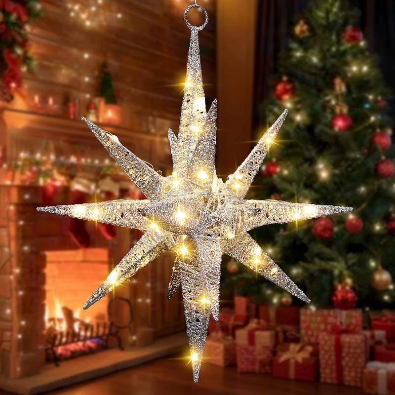 lot 321239 image: Retisee 14 Christmas Glitter Moravian Star Light - Warm White LED Hanging Christmas Star Metal Hanging Outdoor Lights for Outdoor Porch, Yard, Holiday Decor - Metal Design, Battery Powered(Silver)