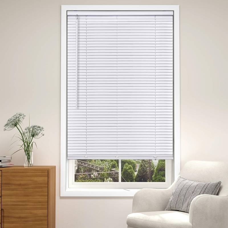 lot 421318 image: LazBlinds Cordless White 1 Room Darkening Vinyl Mini Blinds, 45 W X 64 H Horizontal Window Blinds for Home, Cordless Shades for Indoor Windows