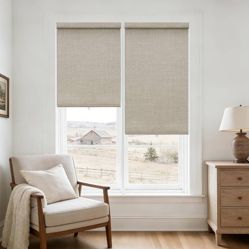 lot 421351 image: Beige Cordless Roller Shades Blackout Blinds for French Door Room Darkening Rolled Up Shades with Spring System, UV Protection Window Shades Blinds for Bedroom Home and Office 15 W x 64 H, Oatmeal