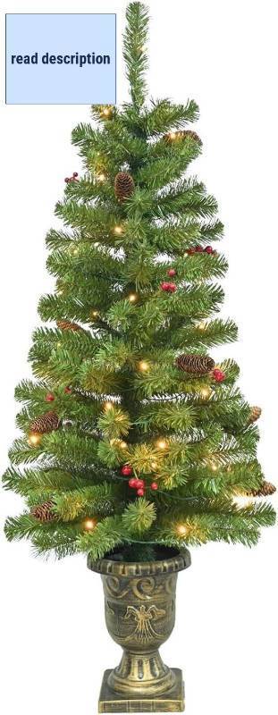 lot 421363 image: 4FT Artificial Potted Christmas Tree with Lights, Pre-lit Mini Christmas Tree with 50 LED Lights, Small Fake Spruce Tree with 140 Branch Tips, Pine Cones&Red Berries, Battery Operated