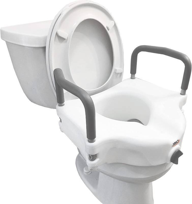 lot 191679 image: Carex 4.5 Inch Raised Toilet Seat with Arms, Supports Up to 300 lbs. Capacity, Elevating and Raising Toilet Seat Riser for Elderly and Handicap, Padded Armrests for Support, White