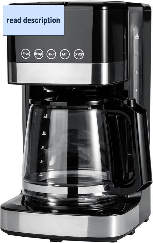 lot 191684 image: Amazon Basics Programmable 12 Cup Drip Coffee Maker with Glass Coffee Pot (1.9 Qt), Auto Shut-off, Touch Screen, Auto Pause, Removable Filter Basket, Black & Silver
