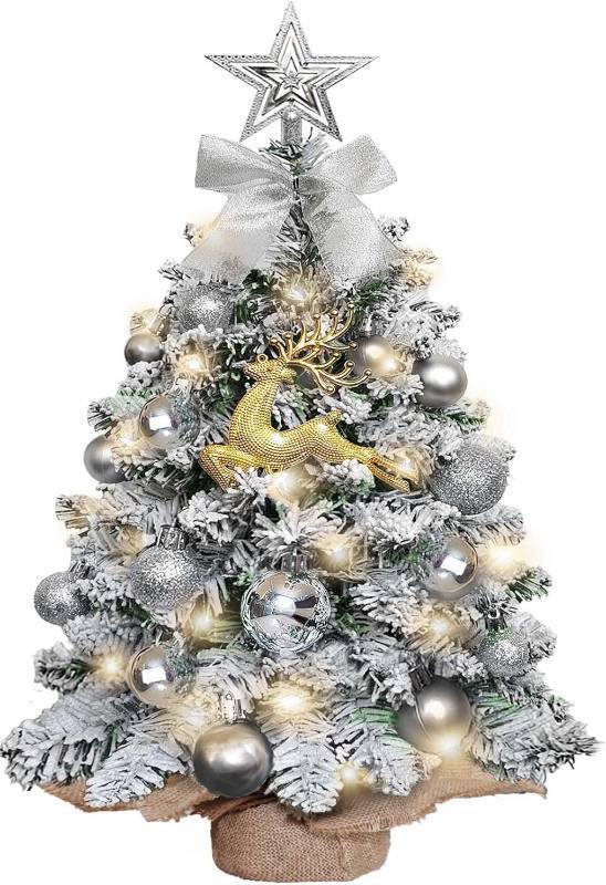 lot 191700 image: Mini Christmas Tree-with Lights,2ft Small Flocked Christmas Tree with 24pcs DIY Decorations,Small Flocked with LED Lights for Holiday Indoor DIY Decor