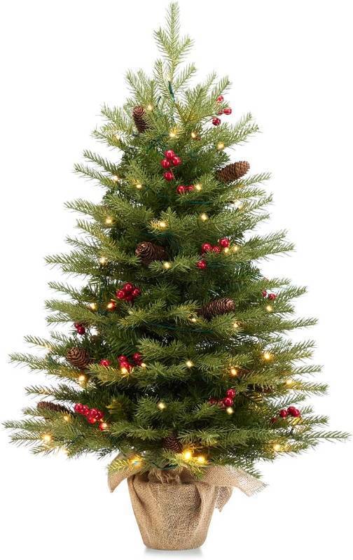 lot 291593 image: Somikis 3ft Pre-Lit Artificial Mini Christmas Tree with 70LED Lights and Realistic Nordic Spruce, Solid Cement Burlap Base Basin