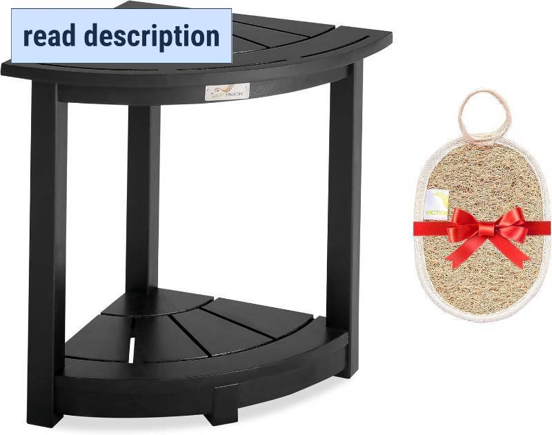 lot 291597 image: Acacia Wood Corner Shower Stool - Waterproof Triangular Bathroom Bench with Storage Shelf & Soap Dish for Shaving, Black Wood (17.9x12.7x16.5)