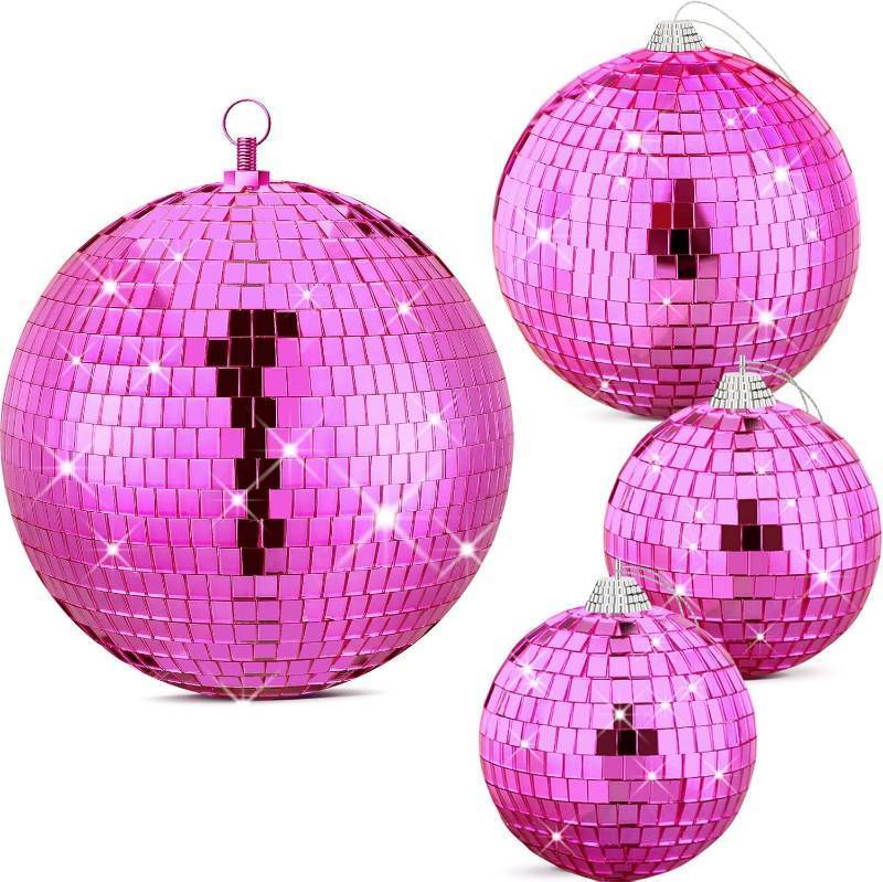 lot 391632 image: Nuenen 4 Pcs Large Pink Disco Ball Hot Pink Disco Night Accessories Party Decoration 70s Themed Mirror Hanging Balls Ornament for Wedding Birthday Room Home Dj Photo Props Backgdrop(8, 6, 4)