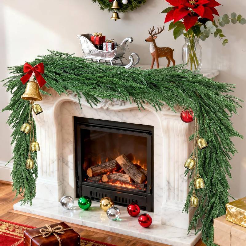 lot 491866 image: 12FT 2  6FT Norfolk Pine Garlands, Christmas Cedar Garland, Real Touch Faux Green Garlands, Winter Artificial Greenery Garland for Mantle, Stairs, Table, Fireplace, Indoor & Outdoor Xmas Decorations