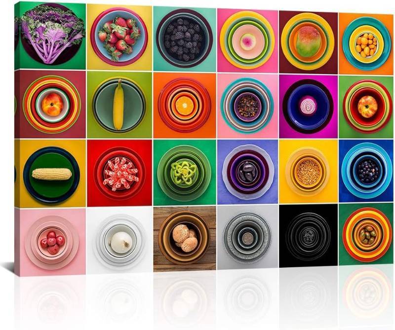 lot 491876 image: Derkymo Colorful Various Vegetables and Fruit Wall Art Fresh Vegetables Fruit And Other Healthy Foods Print On Canvas Fresh Look Color Foods and Plate Picture for Home Decoration 16x24