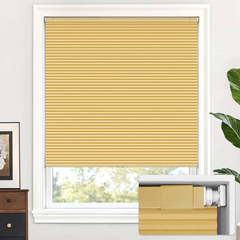 lot 491881 image: LazBlinds Cordless Cellular Shades, No Tools No Drill Blackout Honeycomb Shades Pleated Blinds for Windows, 29 W x 64 H, Yellowish-Brown