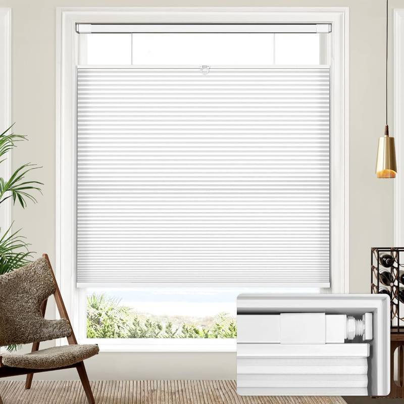 lot 331068 image: Lazblinds Upgraded Top Down Bottom Up (TDBU) Honeycomb Blinds, No Drill No Tools Easy Install Cordless Cellular Shades for Windows 21.5 W x 64 H, White - Light Filtering