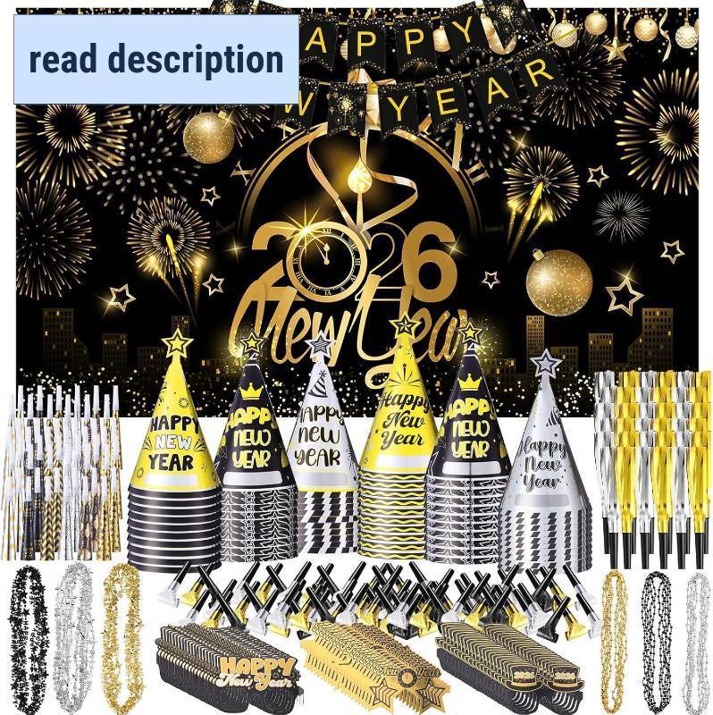 lot 431227 image: Gueevin 422 Pcs New Years Eve Party Supplies Kit 2026 for 120 Guests, Including Happy New Year Banner & Backdrop, 60 Blowouts, 60 Squawkers, 60 Horns, 60 Hats, 60 Glasses, 60 Necklaces, 60 Leis