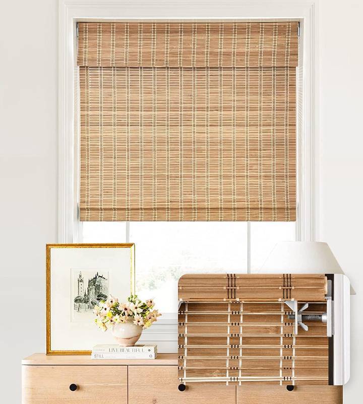 lot 431239 image: LazBlinds No Tools No Drill Cordless Bamboo Roman Shades, Light Filtering Window Treatment, Roll Up Bamboo Blinds for Windows 39 W x 48 H, Brown