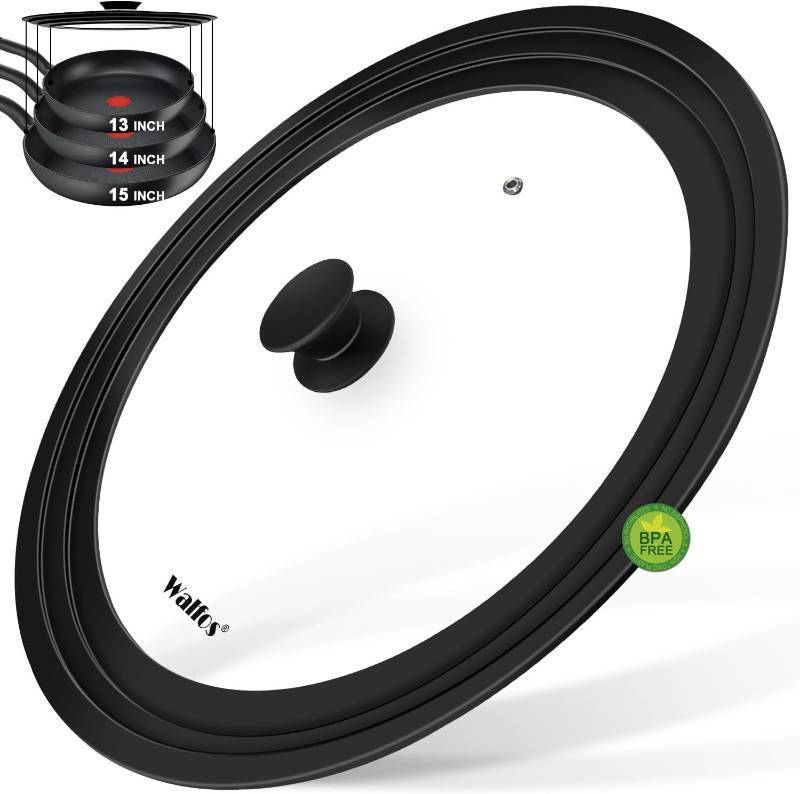 lot 142045 image: Walfos Universal Lid for Pots, Pans and Skillets - Tempered Glass with Heat Resistant Silicone Rim, Fits 13, 14 and 15 Diameter Cookware