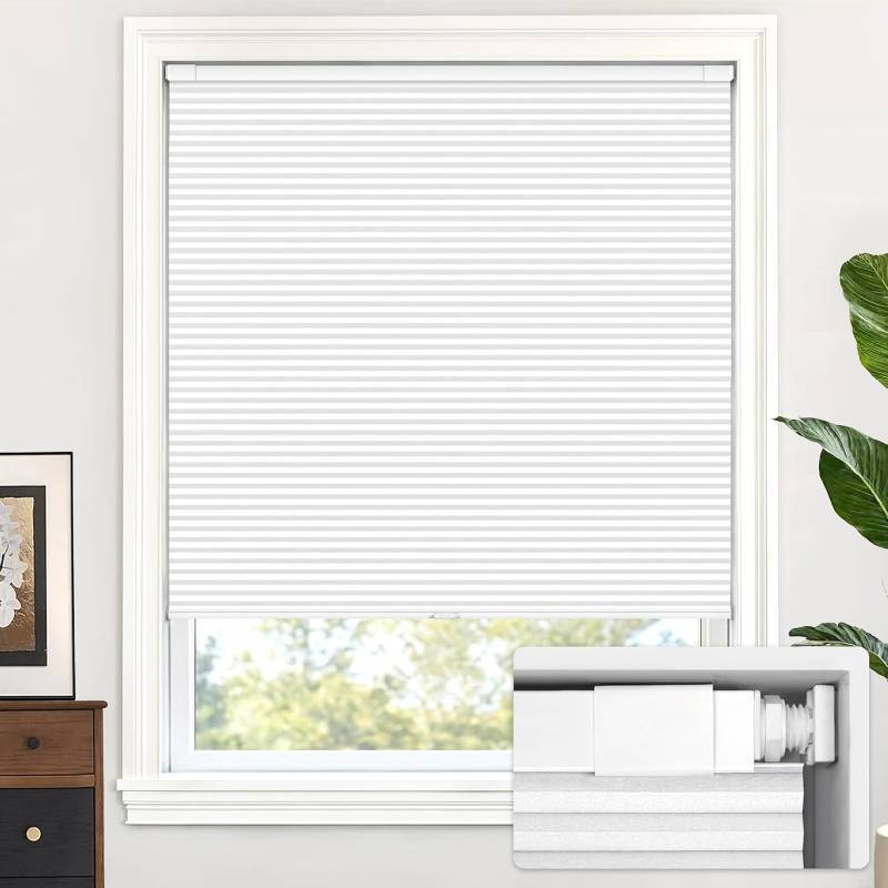 lot 341994 image: LazBlinds Cordless Cellular Shades, No Tools No Drill Blackout Honeycomb Shades Pleated Blinds for Windows, 25 W x 48 H, Silver White