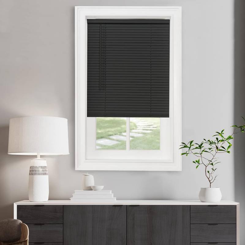 lot 441920 image: Cordless Light Filtering Mini Blind - 32 Inch Width, 72 Inch Length, 1 Slat Size - Black - Cordless GII Morningstar Horizontal Windows Blinds for Interior by Achim Home Decor