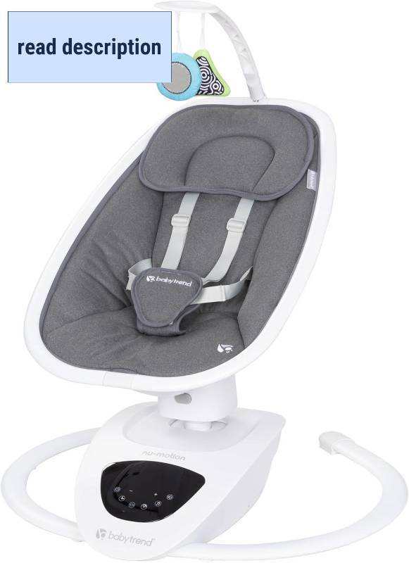 lot 441921 image: Retails for $184 Baby Trend NuMotion Infinity Swing 5 Motion Modes, Touchscreen Control, Multi Position Recline & Hanging Toys   Dash Grey