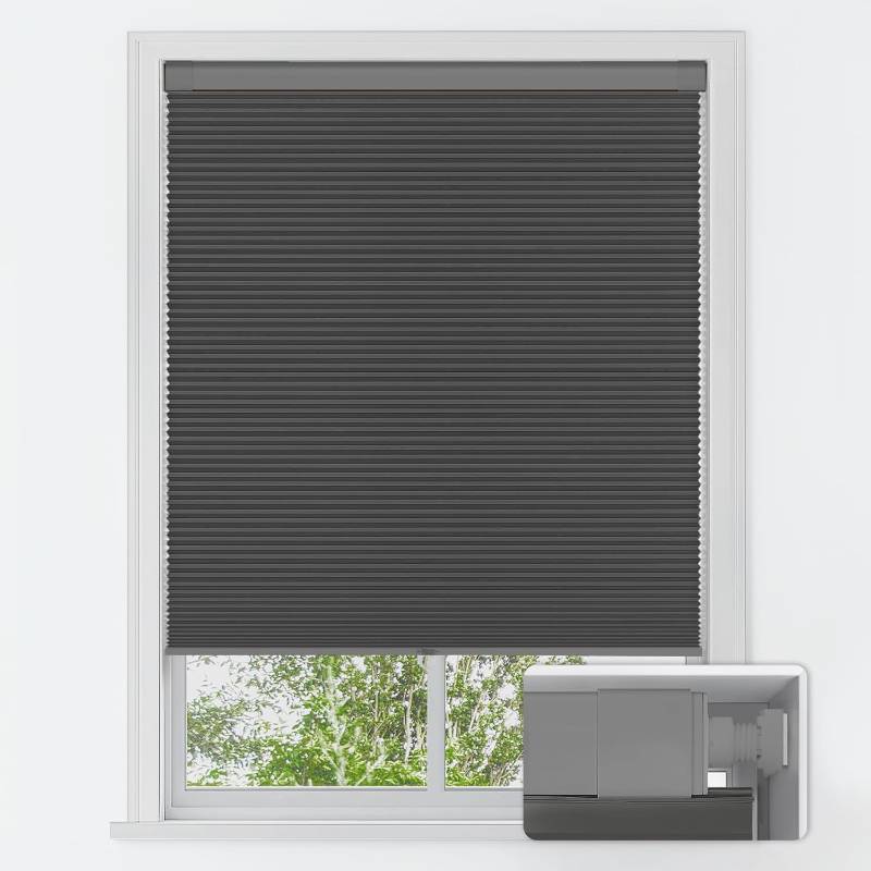 lot 441923 image: LazBlinds No Tools No Drill Cordless Cellular Shades, Blackout Light Blocking Honeycomb Shades for Home, Thermal Insulation Blinds for Windows, 55 W x 64 H, Black