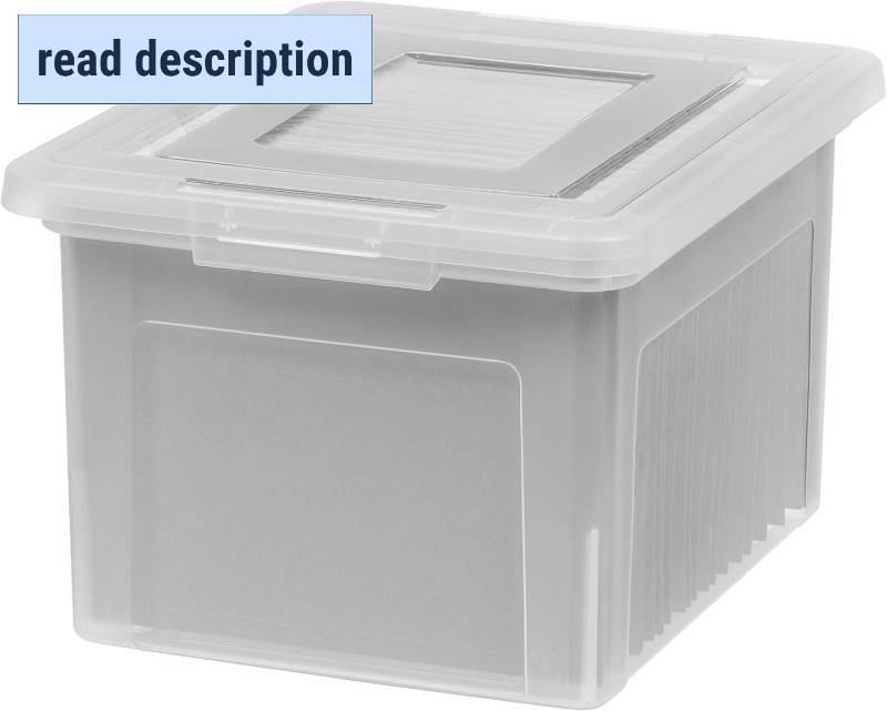 lot 441932 image: IRIS USA File Box, Plastic File Boxes With Lids, Document Organizer for LetterLegal File, Document Box, Storage Bin For Hanging Files, Secure Latching Lid Stackable BPA-Free, Clear 35 Qt. 1 Pack