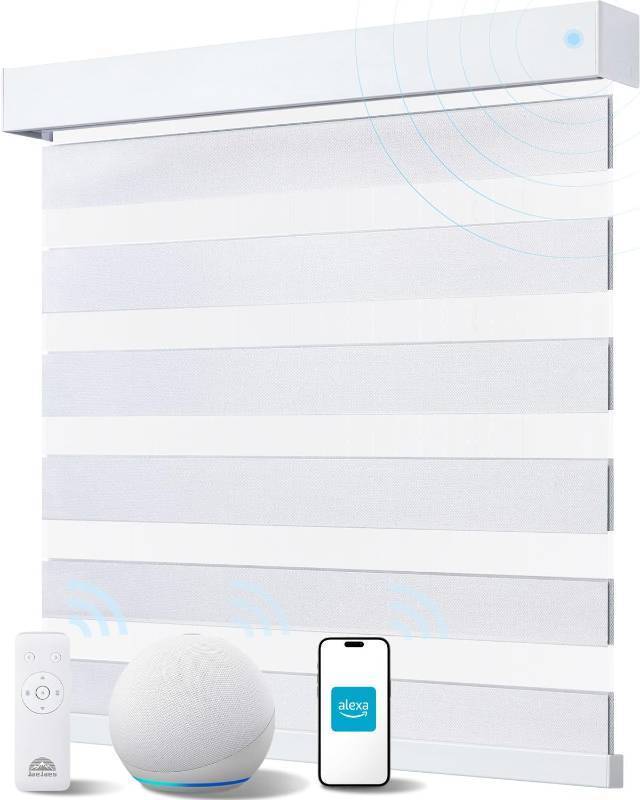 lot 441936 image: Retails for $122 Smart Zebra Blinds for Windows, Alexa Motorized Blinds with Remote Control, Automatic Electric Power Zebra Shades for Indoor Windows (23 W x 72 H, White)