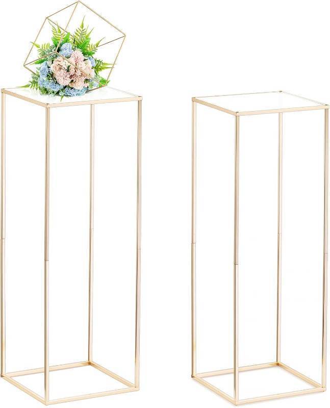 lot 441954 image: Nuptio Gold Vases for Centerpieces Wedding with Acrylic Panel - 2 Pcs 31.5 inch Tall Metal Flower Vase Flowers Stand - Elegant Bulk Weddings Decoration Table Geometric Centerpiece for Party Tables