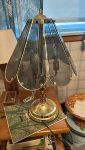 lot 2749 image: Brass Touch Lamp with Smoked Glass Panels