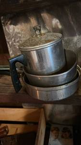 lot 8734 image: 1950s Aluminum Cookware Set with Glass Knob Lids