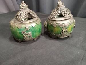 Chinese Silver and Green Jade Incense Burners with Dragon Motifs