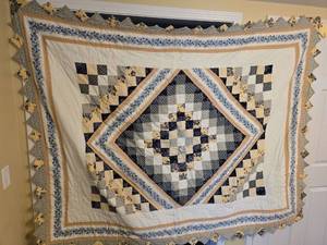 lot 3701 image: Handmade Blue and Yellow Patchwork Quilt with Diamond Pattern 76x 62