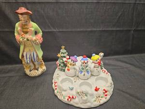 lot 3709 image: Christmas Snowman Candle Holder and Colonial Figurine Set