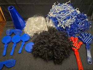 lot 3725 image: Party Supplies Bundle with Wigs, Pom Poms, and Noise Makers